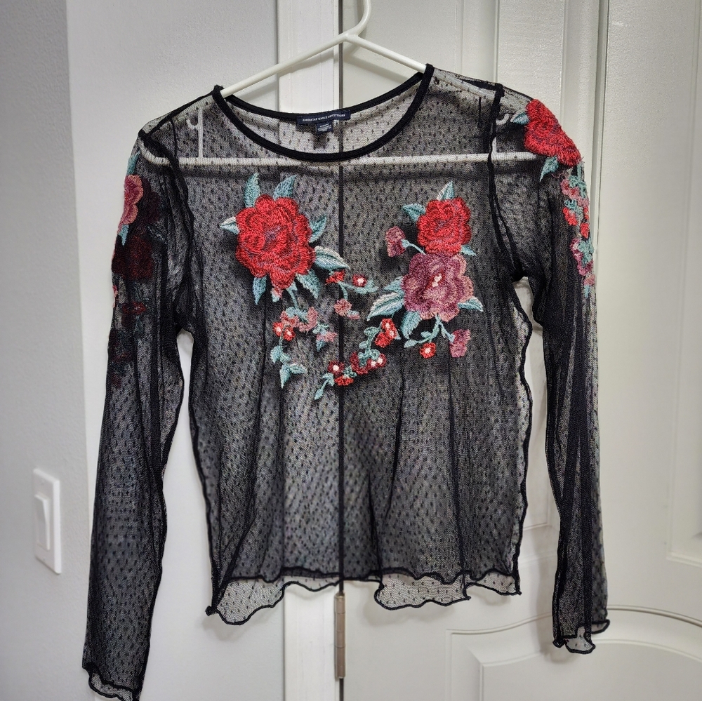 American Eagle Outfitters Sheer Mesh Polka Dot Rose Floral Embroidery Top M